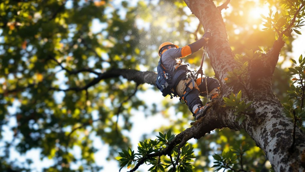 Tree service technician climbing a tree with safety gear, showcasing expert tree care and maintenance in a sunlit environment.