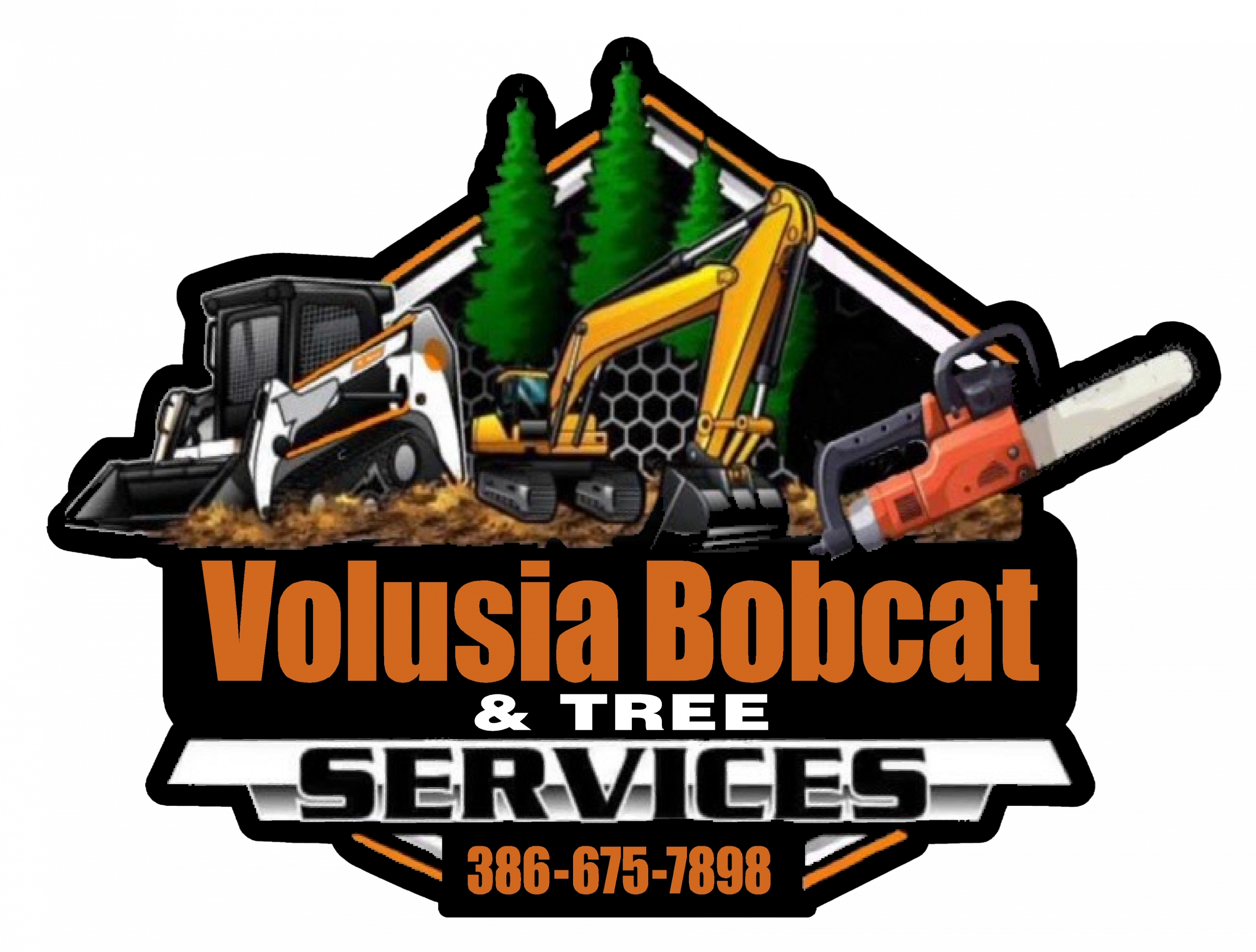 Volusia Bobcat and Tree Services logo featuring construction machinery, trees, and a chainsaw, emphasizing tree care and landscaping services.