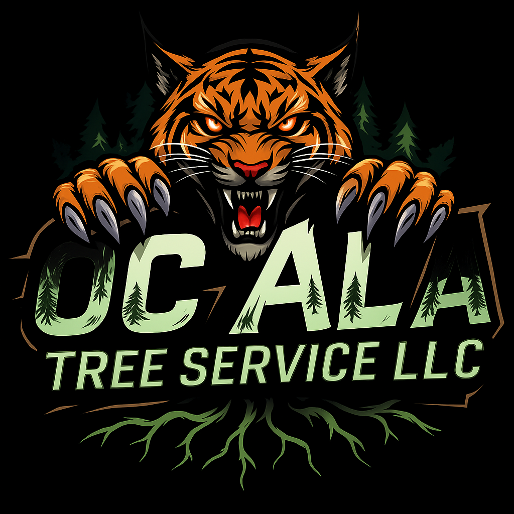 OC ALA Tree Service LLC logo featuring a fierce tiger with prominent claws, surrounded by evergreen trees and roots, symbolizing strength and expertise in tree care services.