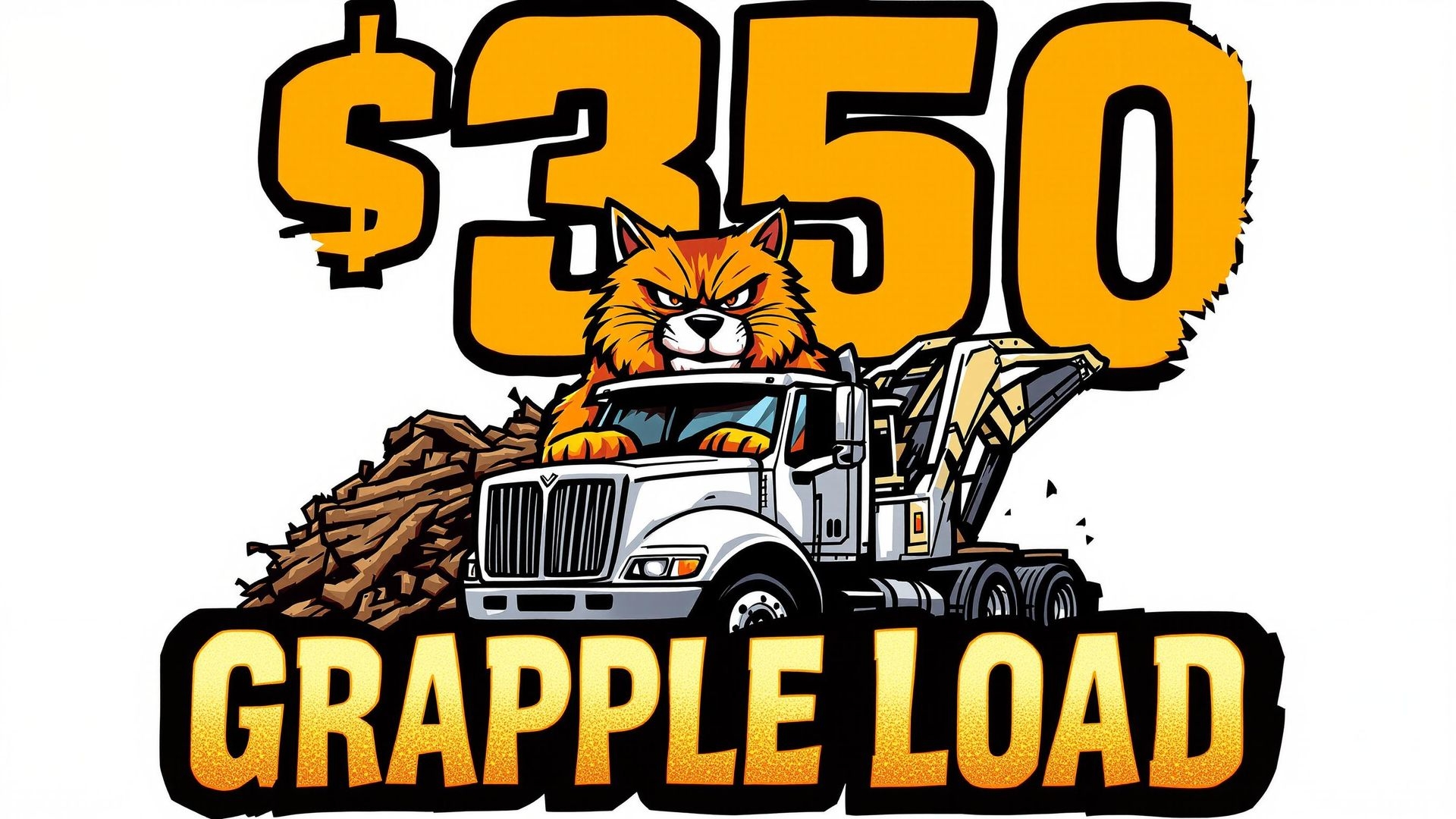$350 grapple load advertisement featuring a cartoon truck with a lion mascot and a pile of logs, emphasizing tree service pricing.