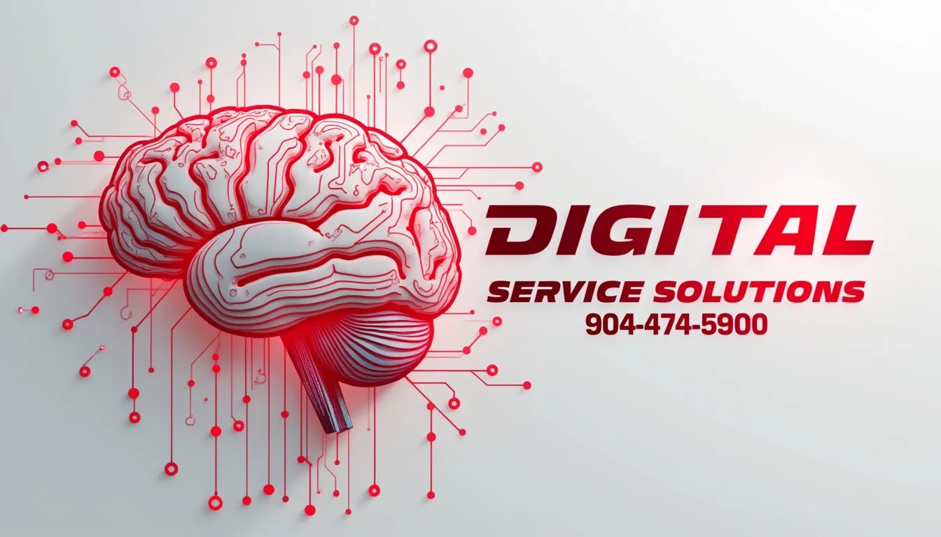 Brain graphic with digital circuitry, featuring "DIGITAL SERVICE SOLUTIONS" and contact number 904-474-5900, emphasizing technology and innovation in service offerings.