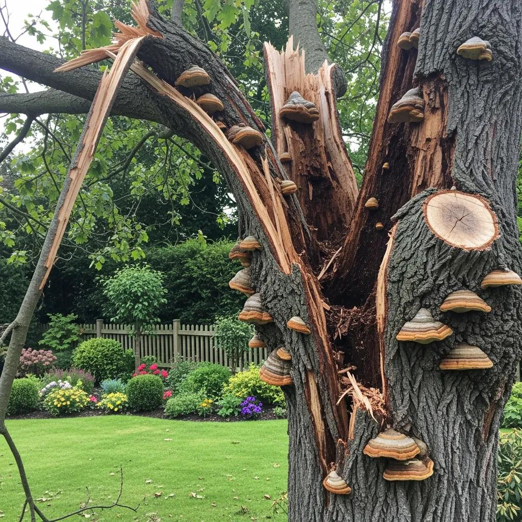 Close-up of a damaged and decaying tree with broken branches, deep cracks, and fungal growth, highlighting the need for hazardous tree removal services.