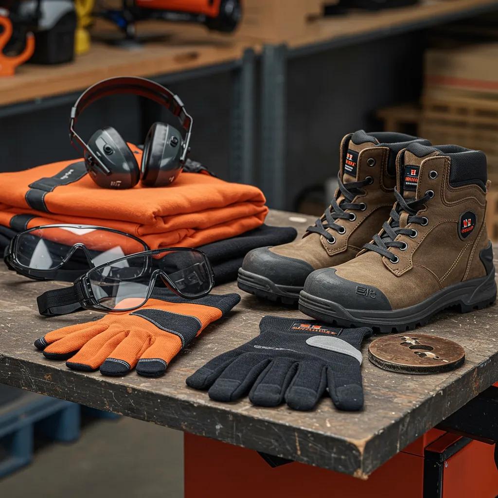 Personal protective equipment for stump grinding, including safety gloves, goggles, hearing protection, steel-toe boots, and high-visibility clothing, arranged on a workbench.