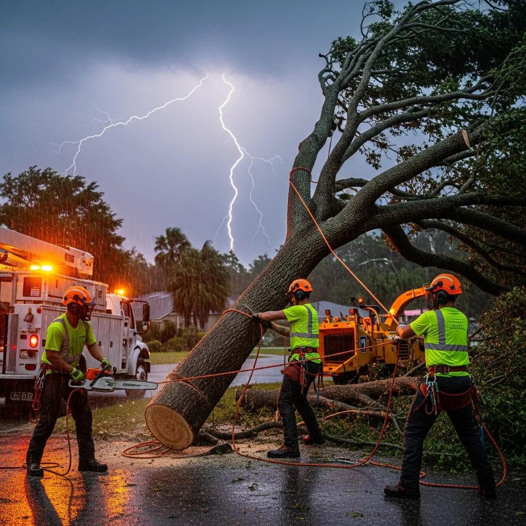 Emergency tree removal team working in Orlando during a storm, showcasing teamwork and urgency with chainsaws, safety gear, and a tree downed by severe weather.