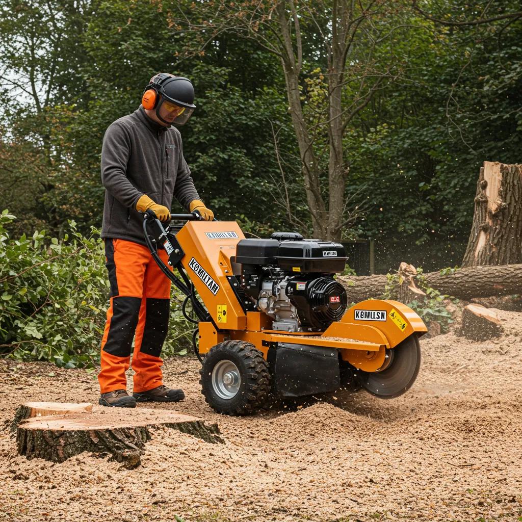 Professional stump grinder in action, operator wearing PPE, emphasizing stump grinding safety and effective stump removal techniques.