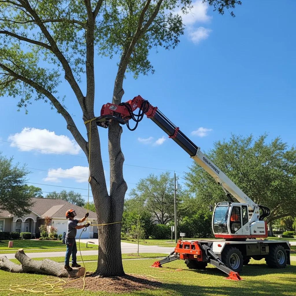 Certified arborist using modern tree removal equipment in Orlando, FL, safely removing a tree branch with a crane.