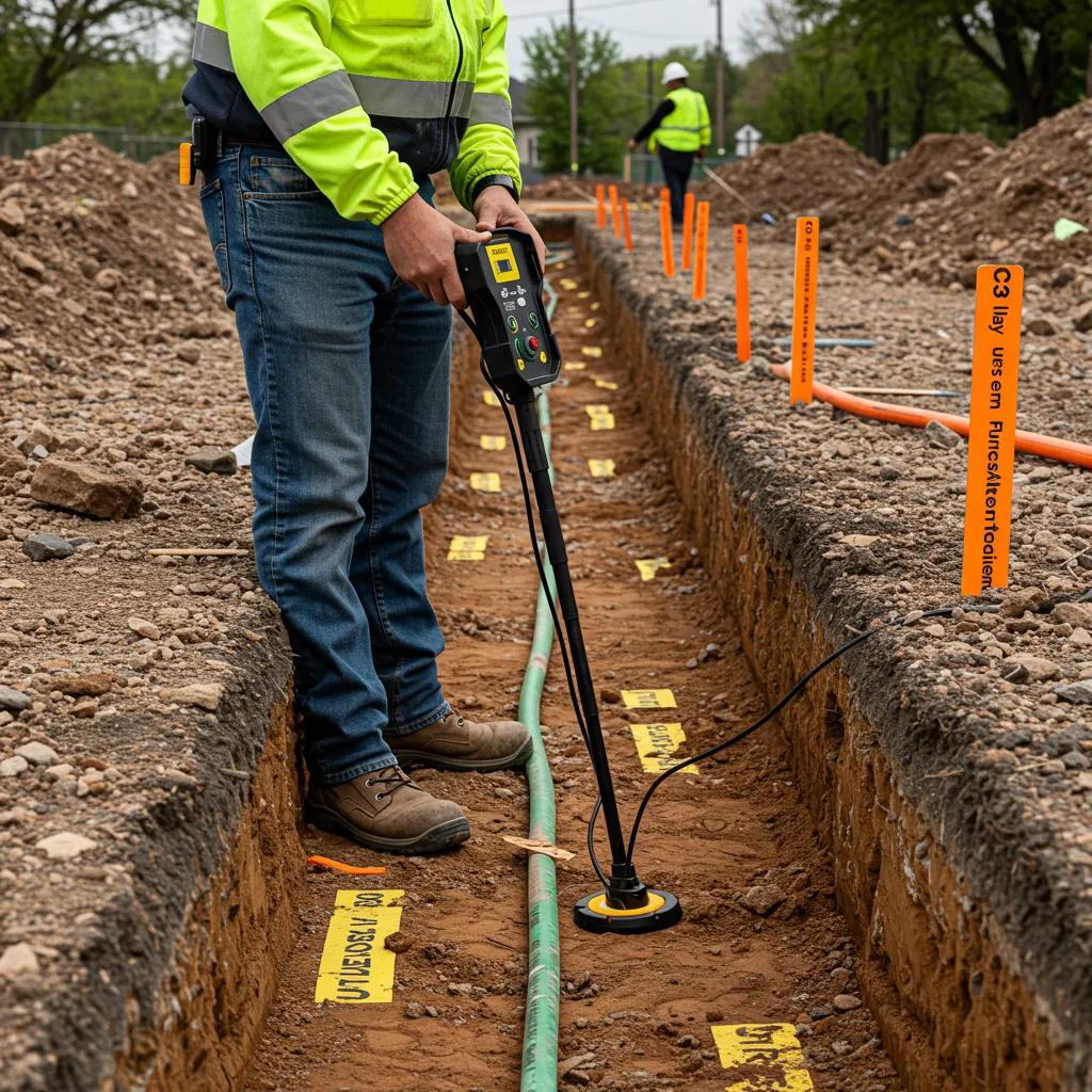Technician using a utility locator tool in a trench, emphasizing safety in identifying underground utilities, with marked cables and pipes visible.